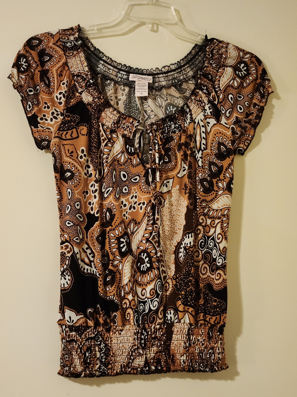 Vintage Women's Brown Paisley Cap Sleeve Retro Blouse Size M